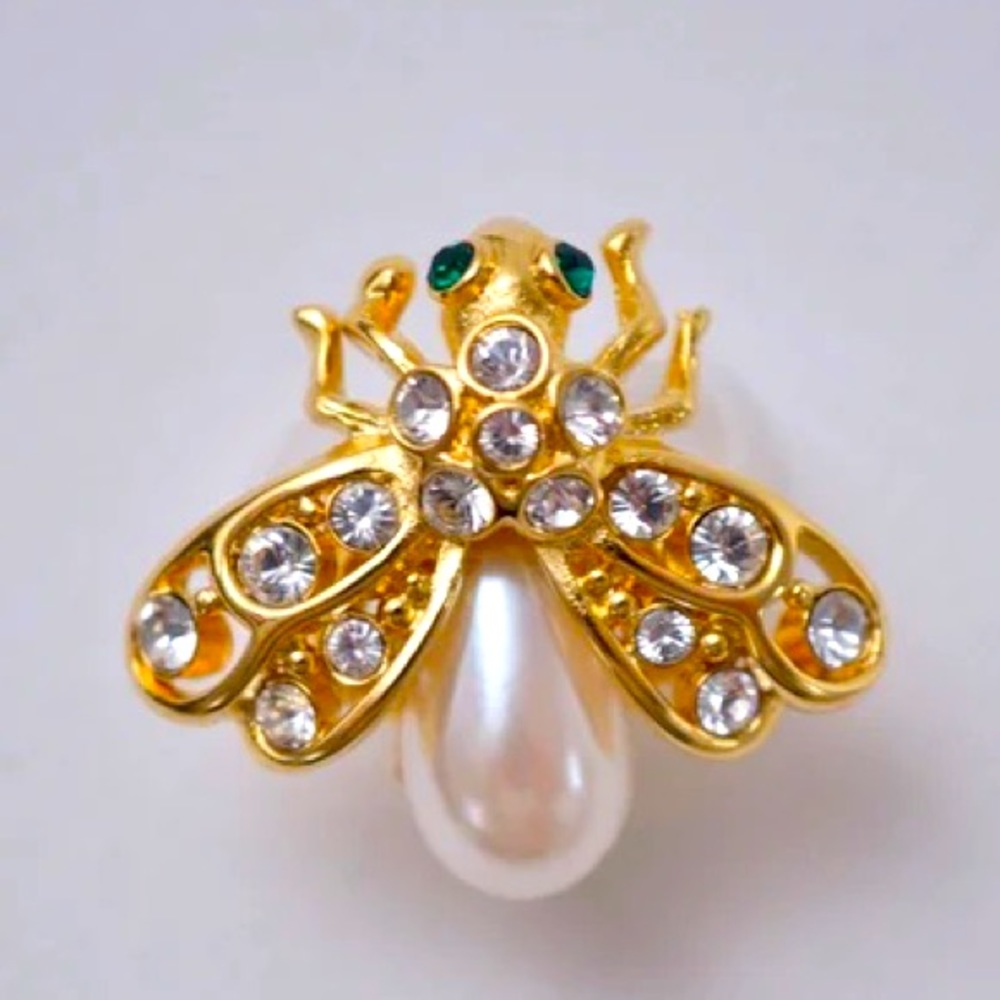 Joan Rivers bee pin brooch signed, gold, pearl & rhinestones, 1990s vintage